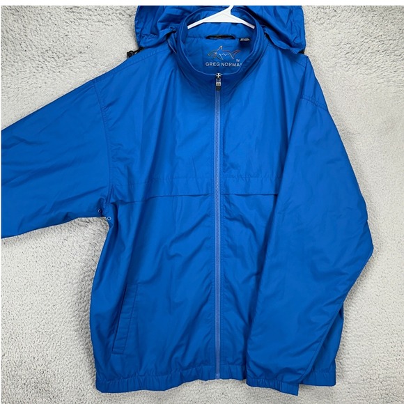 Greg Norman Mens Windbreaker Golf Jacket XLT Tall Blue Vented‎ Packable Hooded - Picture 1 of 10